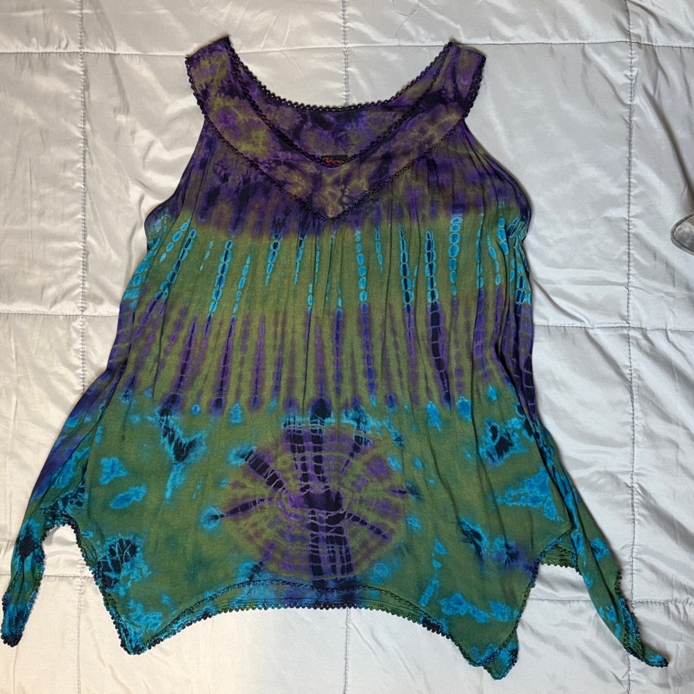 Advance Apparels Purple Green and Blue Tie-Dye Bohemian Tank Top